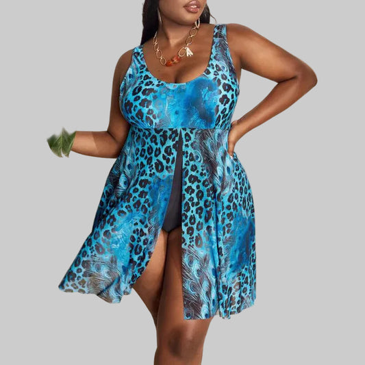 Chic Plus Size Patterned Swim Dress with Thick Straps & Round Neck
