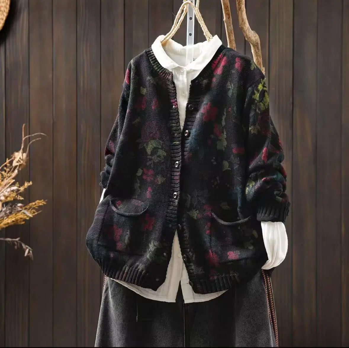 Knitted Floral Cardigan.  100% Cotton. Relaxed Fit. Perfect for layering.