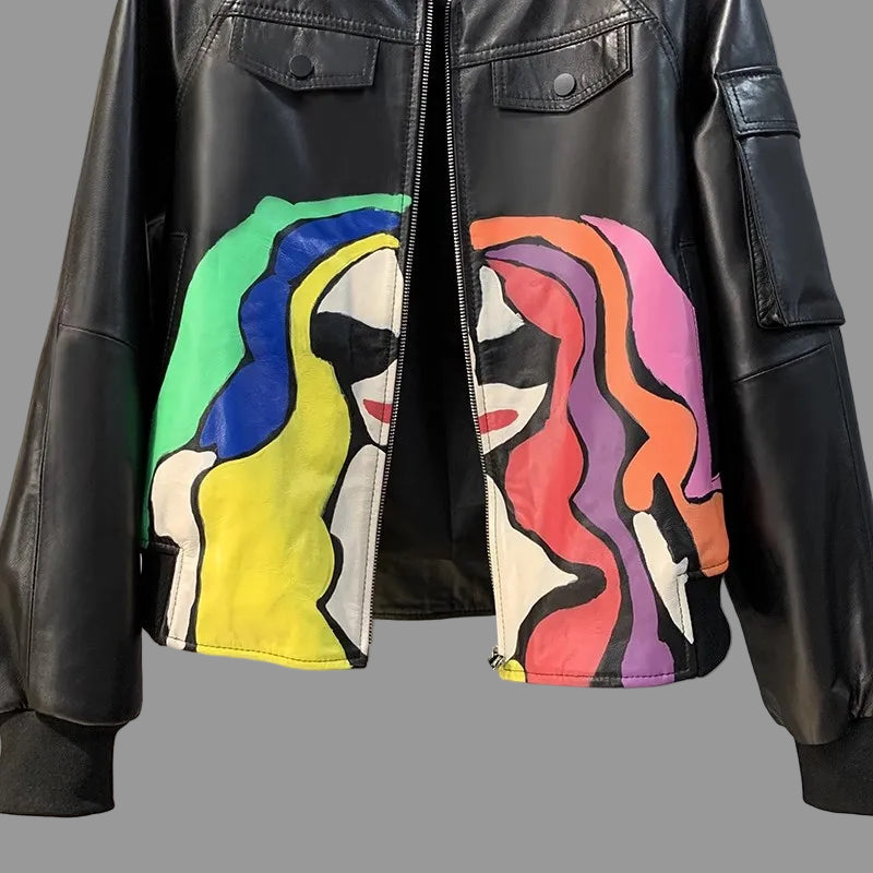 Short Black Leather Jacket with Vibrant Designer Graffiti. A True Statement Piece