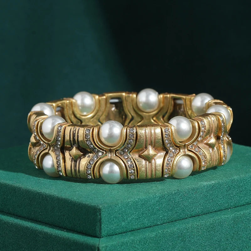 Vintage Natural Stone Bracelet with Rhinestone Inlay