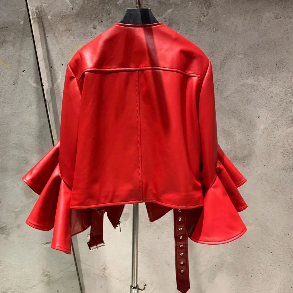 Rich Red Ruffle Leather Jacket with Unique Style and Sophistication