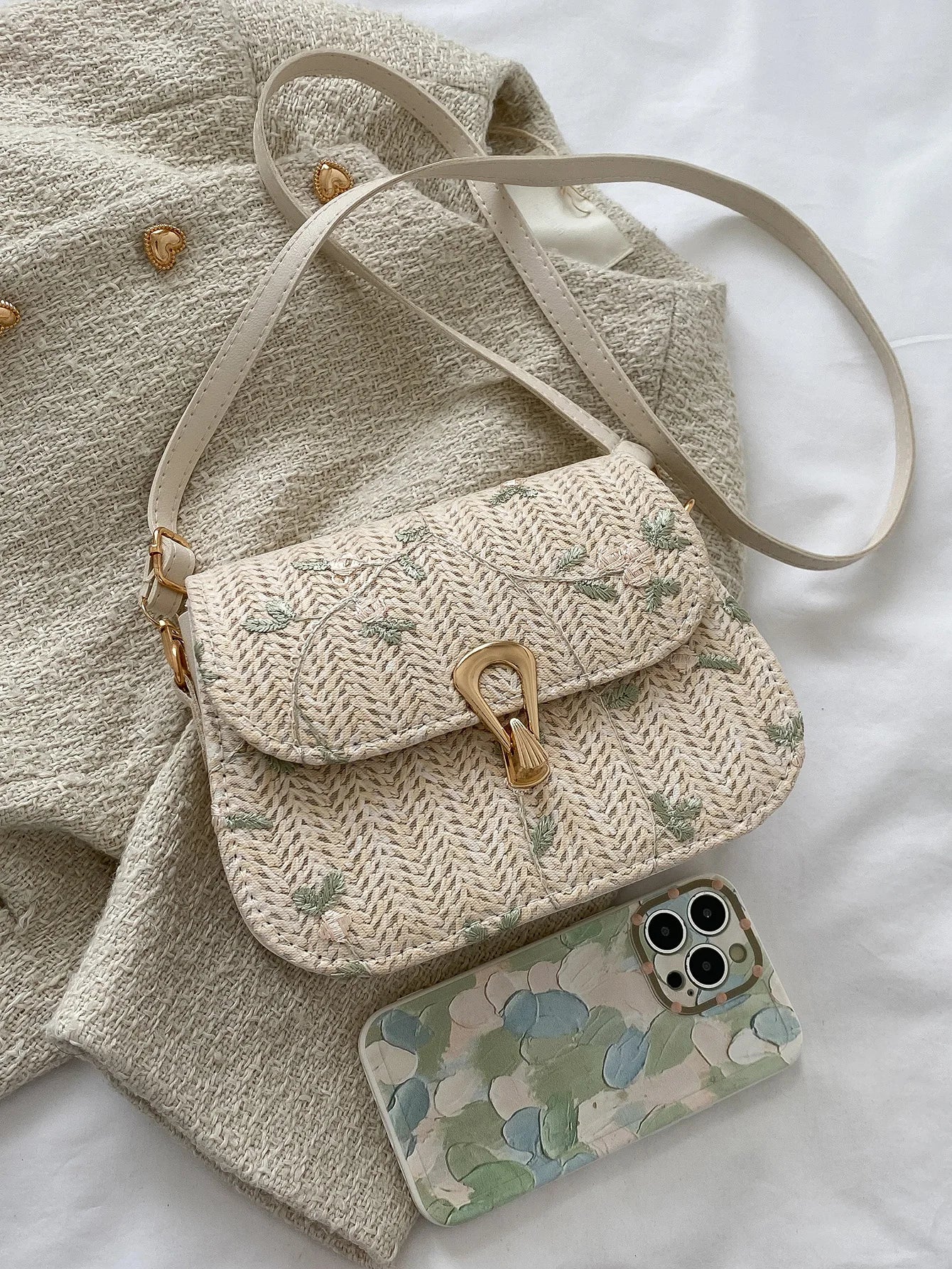 Straw Baguette Bag with Floral Embroidery