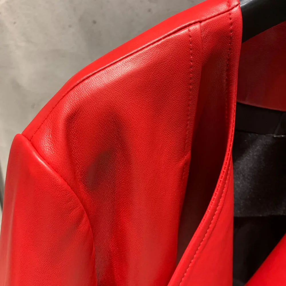 Rich Red Ruffle Leather Jacket with Unique Style and Sophistication