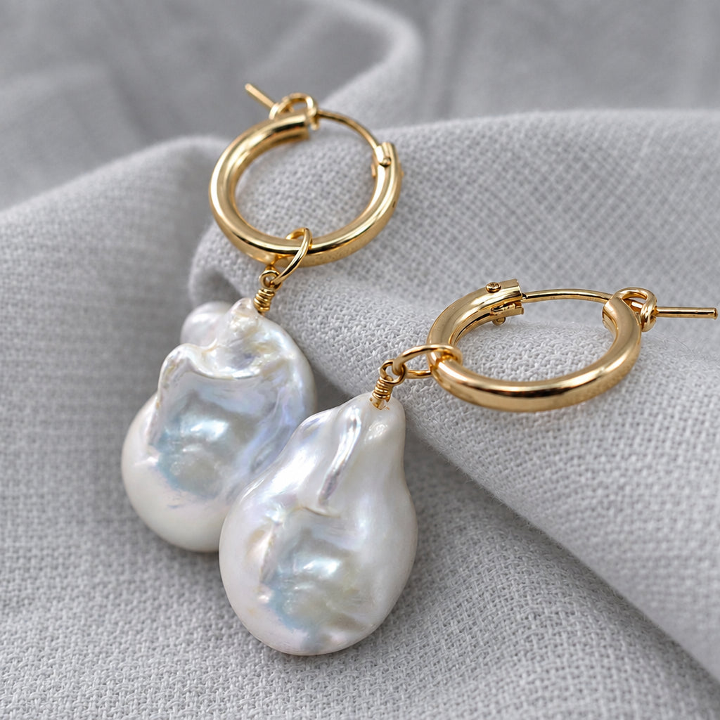 Baroque Pearl Earrings Set in 14k Gold Hoops
