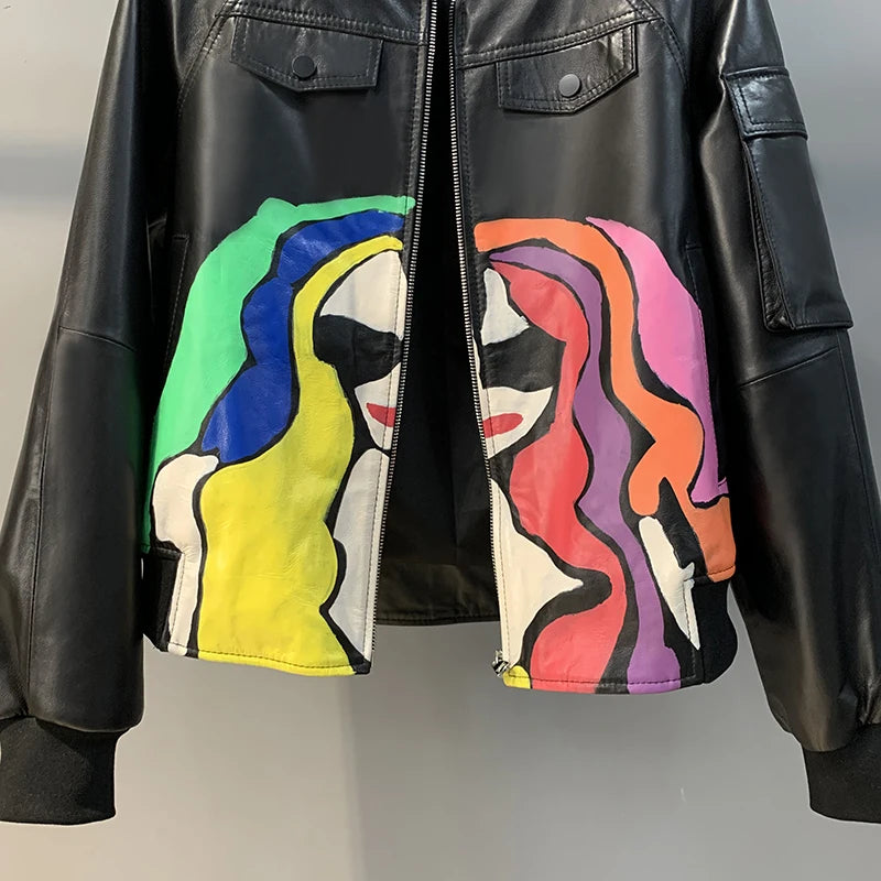 Short Black Leather Jacket with Vibrant Designer Graffiti. A True Statement Piece