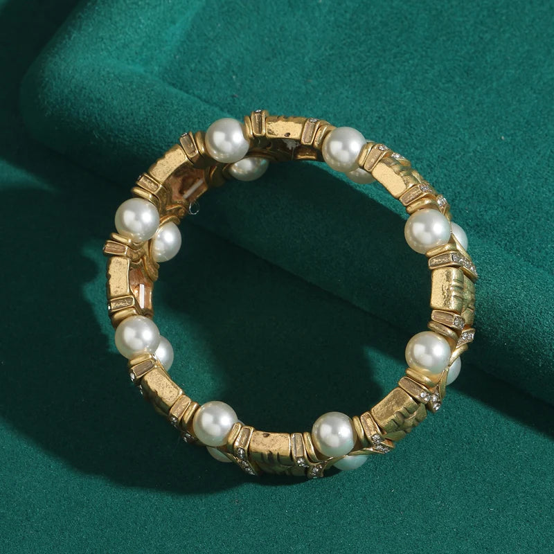 Vintage Natural Stone Bracelet with Rhinestone Inlay