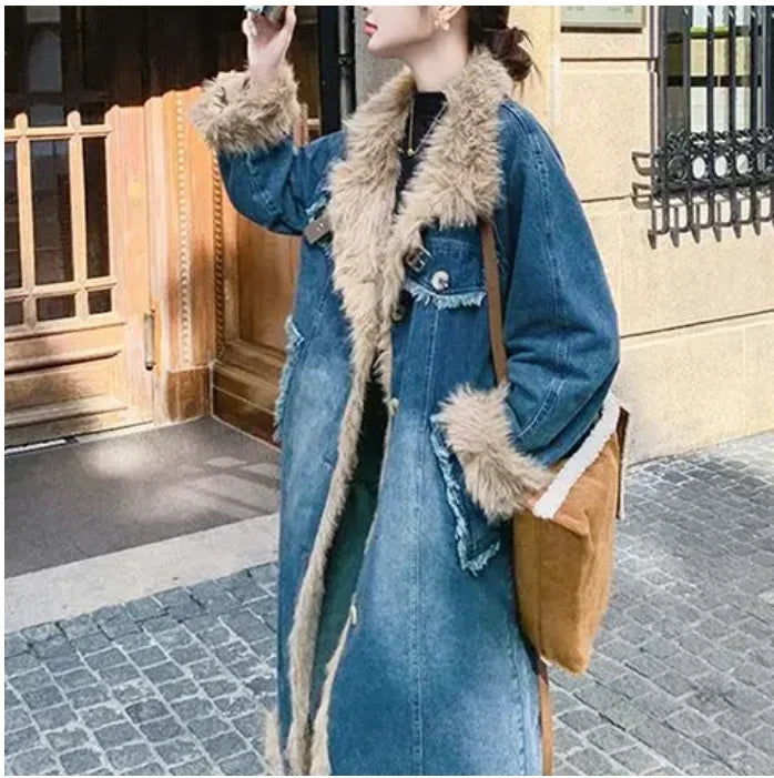 Long Denim Coat lined with luxurious lambs wool. Stay cozy and stylish all winter