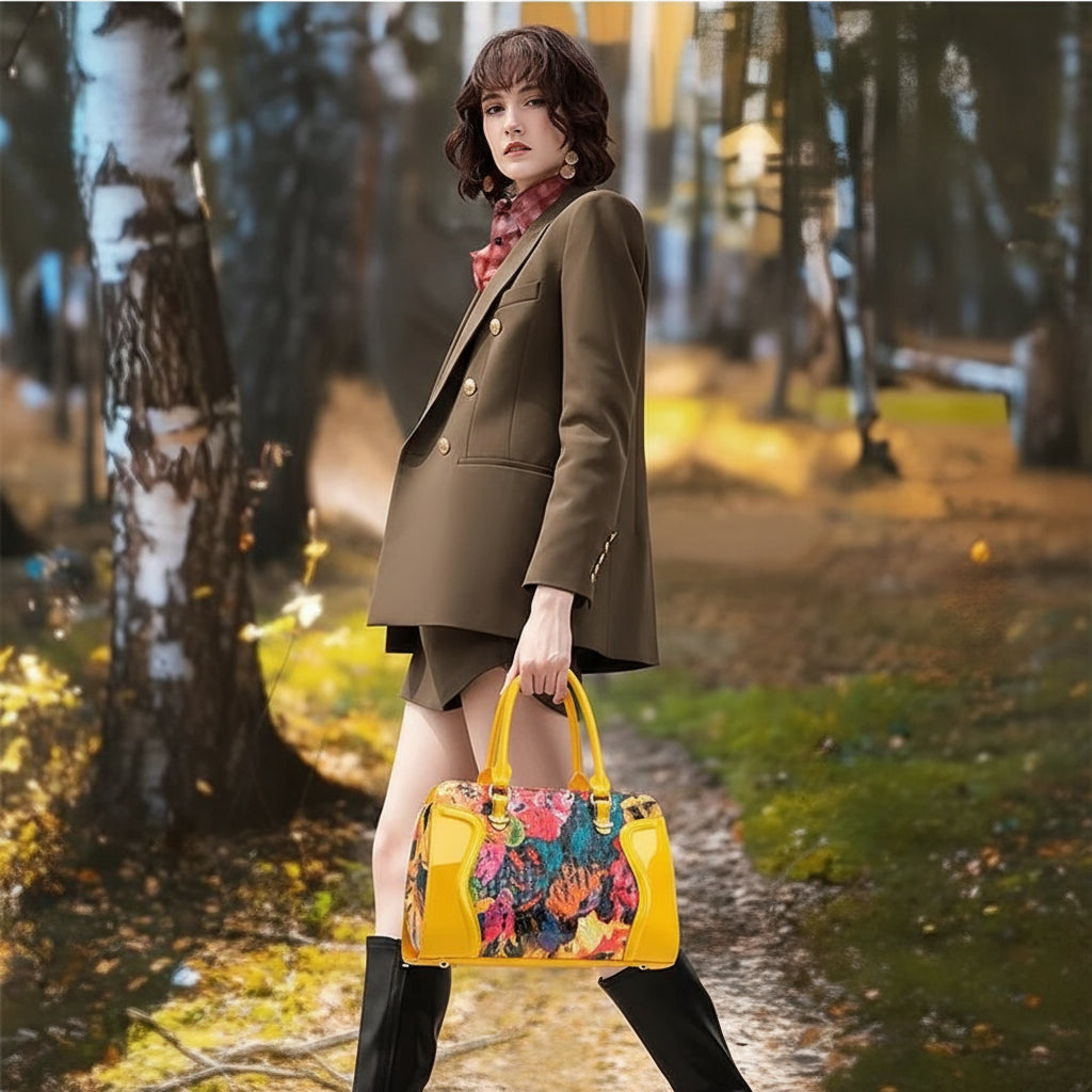 Yellow Designer Bag. Genuine Leather with Patent Leather and Motif.  Stylish and Sleek