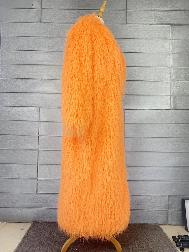 Long Faux Fur Dress Coat, Coat.  Wide Waisted in Vibrant Funky Colors
