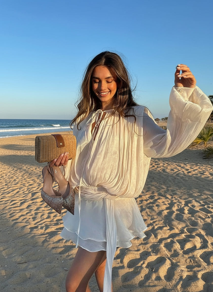 Vintage-Inspired Puff Sleeve Mini Dress with Ruff Skirt with Lace