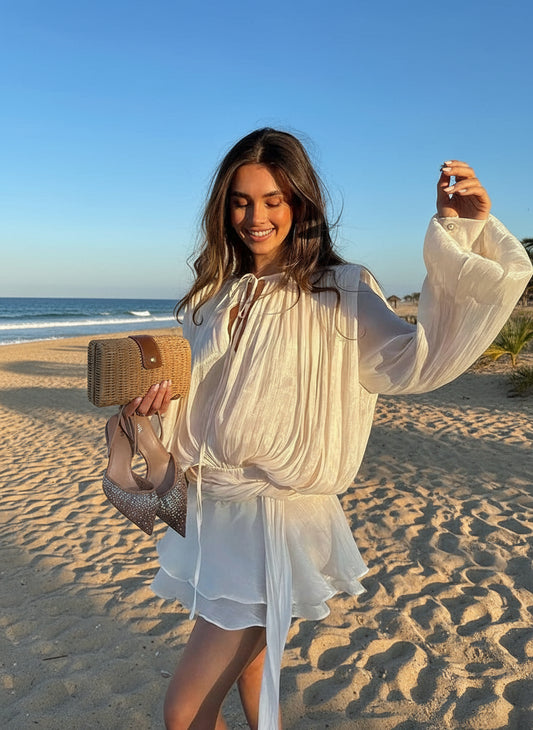 Vintage-Inspired Puff Sleeve Mini Dress with Ruff Skirt with Lace