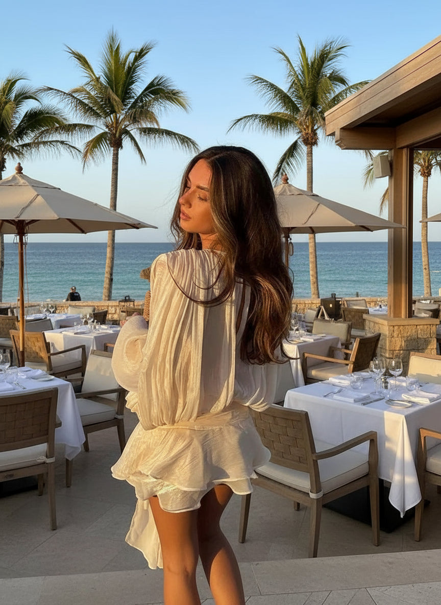 Vintage-Inspired Puff Sleeve Mini Dress with Ruff Skirt with Lace