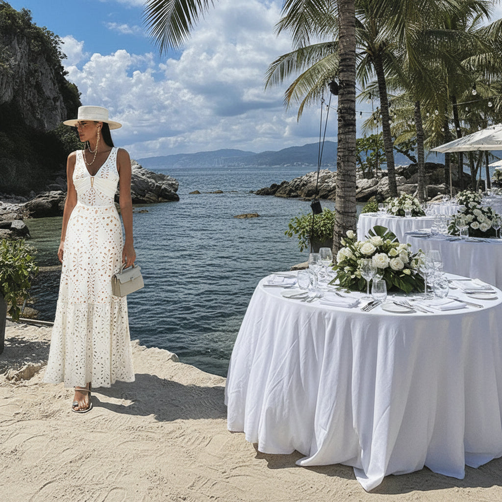 Elegant Beach Set with High‑Waist Suit and Flowing Skirt