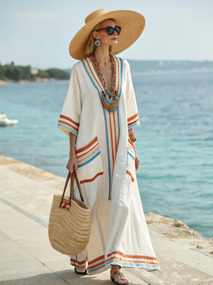 Signature Aztec Maxi Dress — Relaxed Fit, V‑Neck, Unique Prints