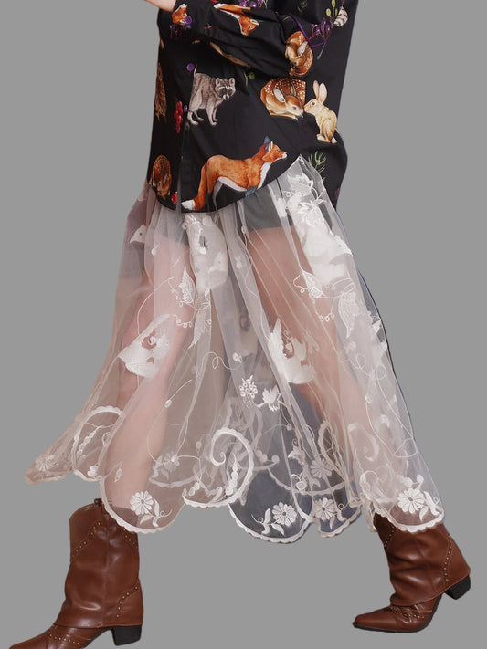 Chic, Timeless and Beautifully Made Chiffon and Lace Skirt.  Ankle length. Artistic Embroidery.