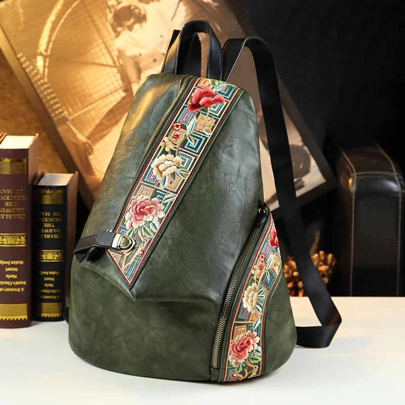 Retro Style Shoulder Backpack.  Made with Genuine Leather.  Trendy Embroidered Design.  Multiple Colors