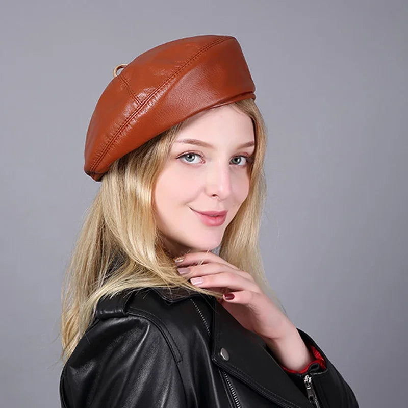 French Style Ladies Beret's Made with Genuine Leather.  A Beret that can be worn for all the seasons.  Practical and Chic