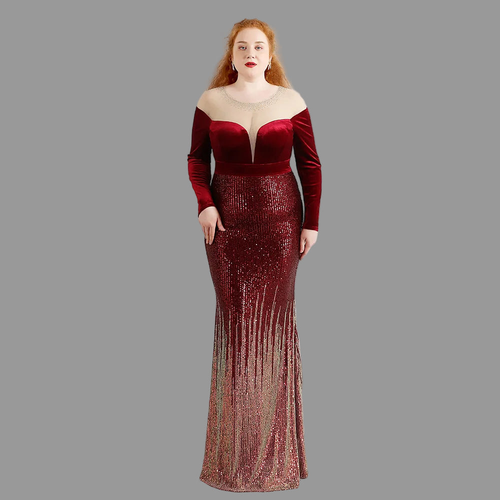 Curvy in Red Velvet.  Sleek Gown Off the Shoulder for Up To 4XL