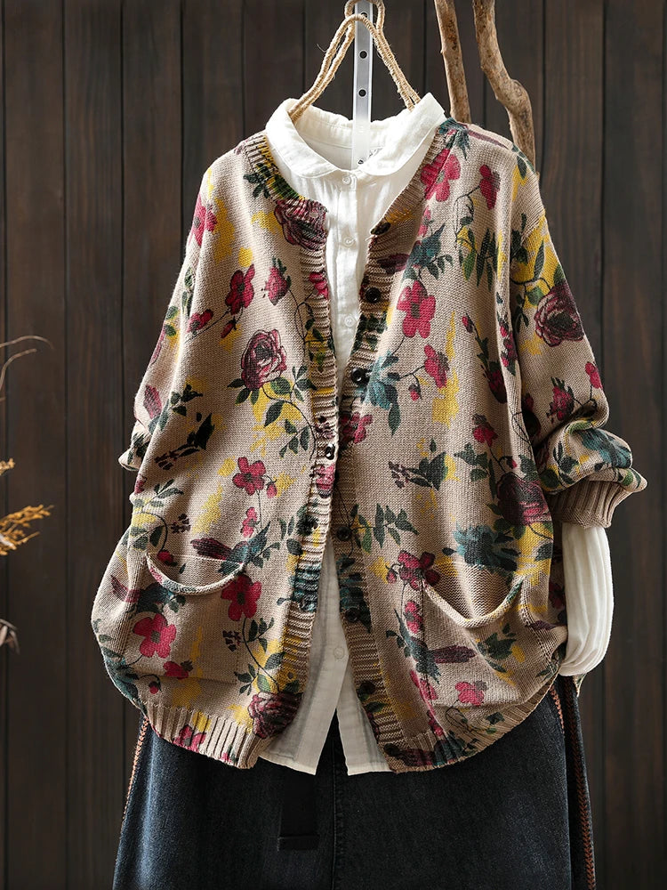 Knitted Floral Cardigan.  100% Cotton. Relaxed Fit. Perfect for layering.