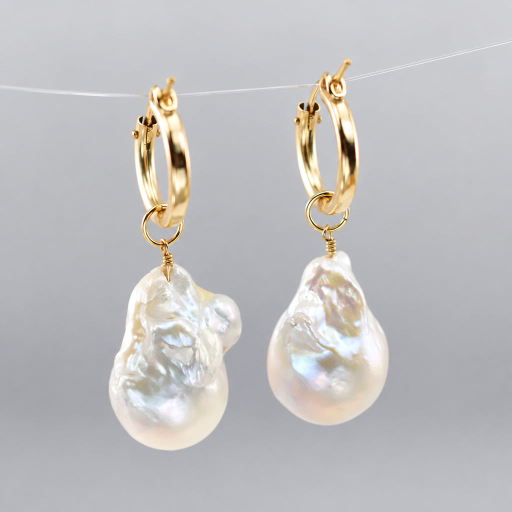 Baroque Pearl Earrings Set in 14k Gold Hoops