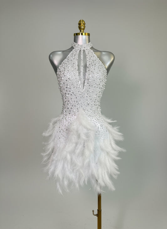 Backless Dance Dress Made with Feathers and Adorned with Crystal Diamonds