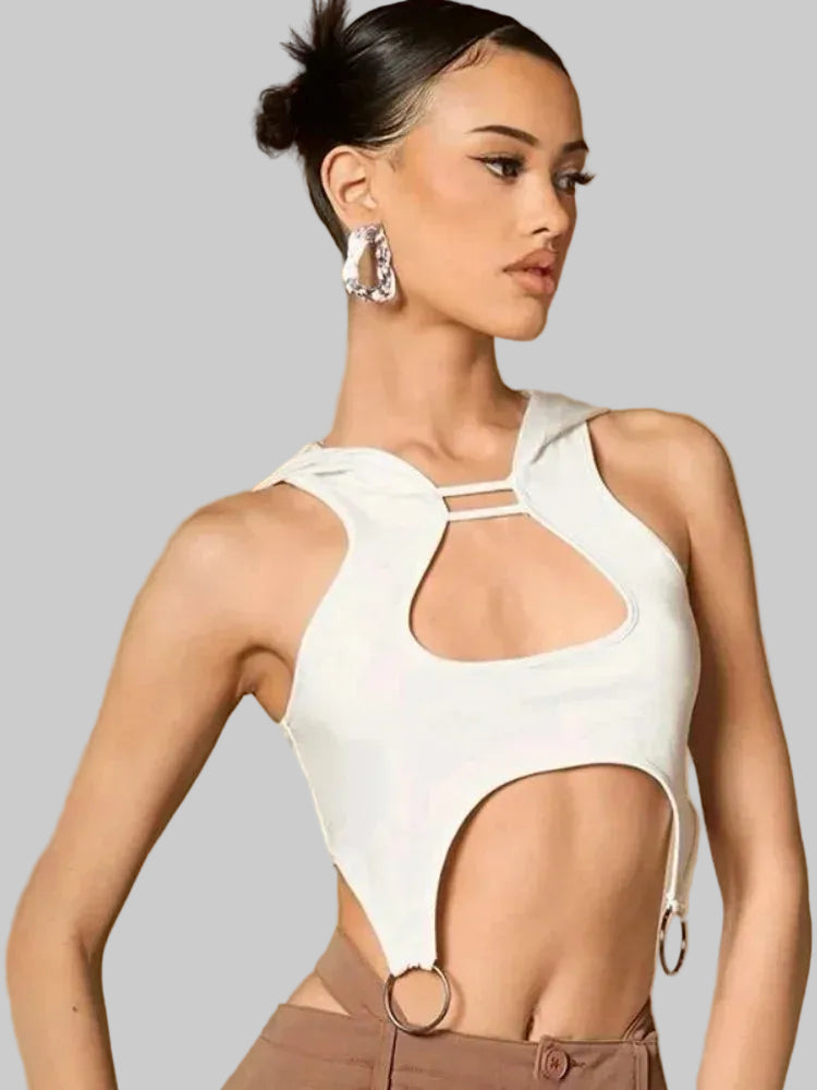 Offbeat Hollowed‑Out Tank Hoodie with Ring Detail