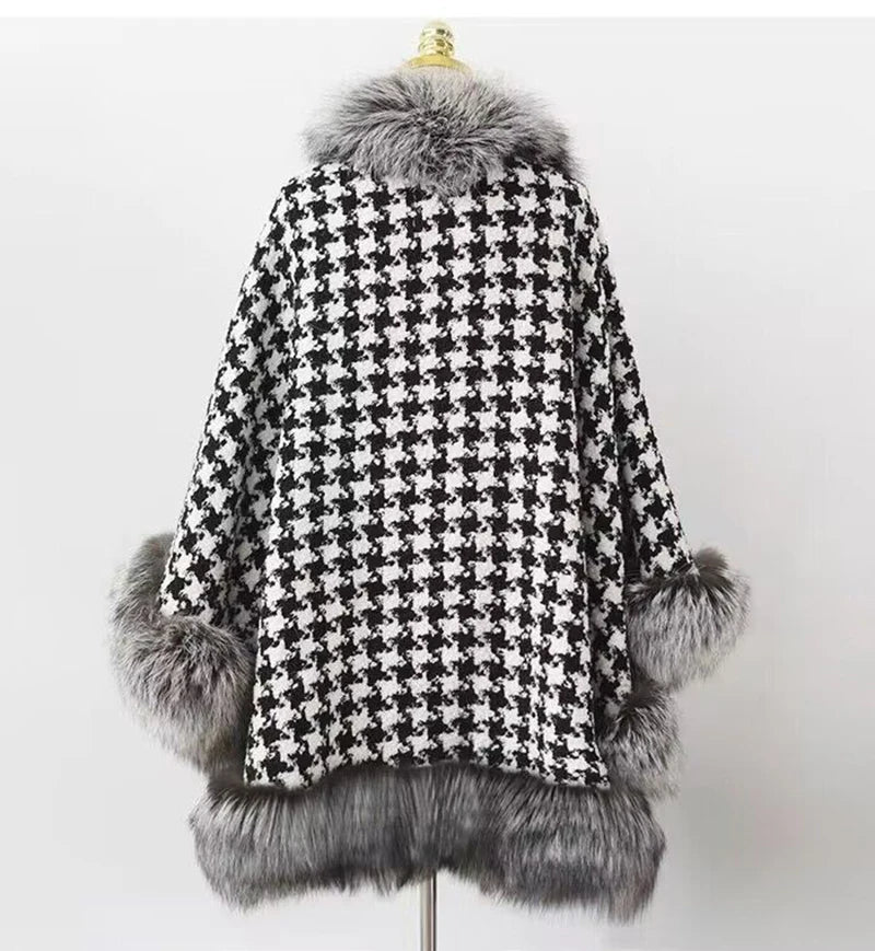 Faux Fur Cape/Poncho with a Tweed and Houndstooth Design.