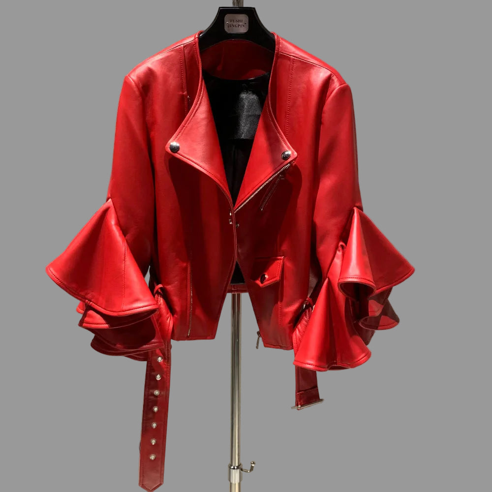 Rich Red Ruffle Leather Jacket with Unique Style and Sophistication