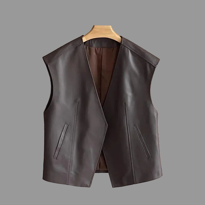 Premium Genuine Leather Waistcoat with V-Neck and Pockets