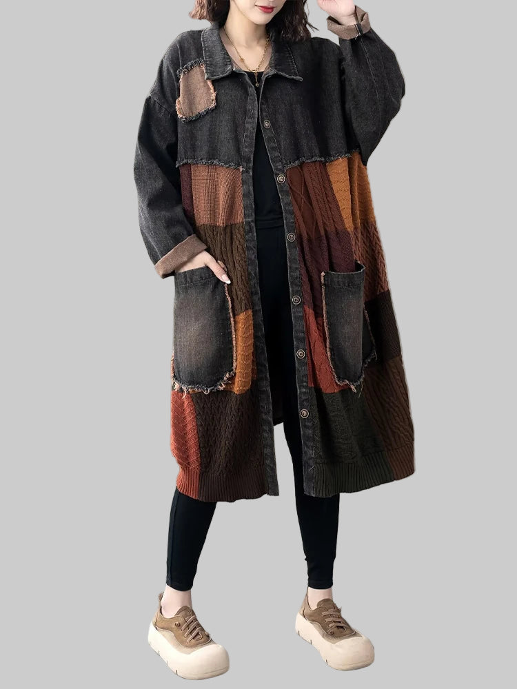 Vintage Lightweight Layer Coat.  Denim Patchwork with Classic Turn Down Collar