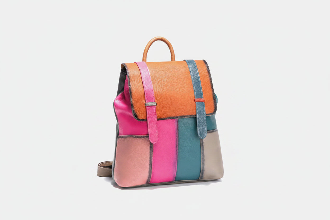 Multicolor Patchwork Leather Backpack. Wear Resistant.