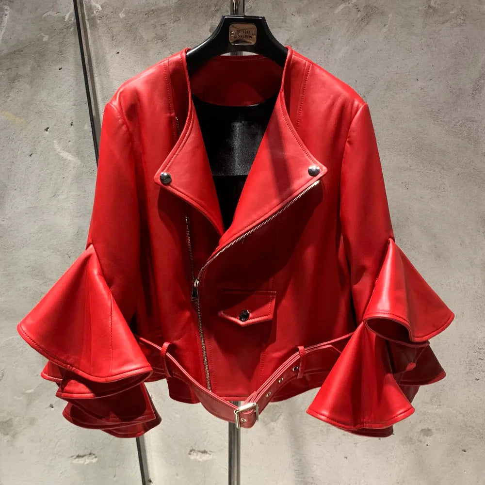 Rich Red Ruffle Leather Jacket with Unique Style and Sophistication