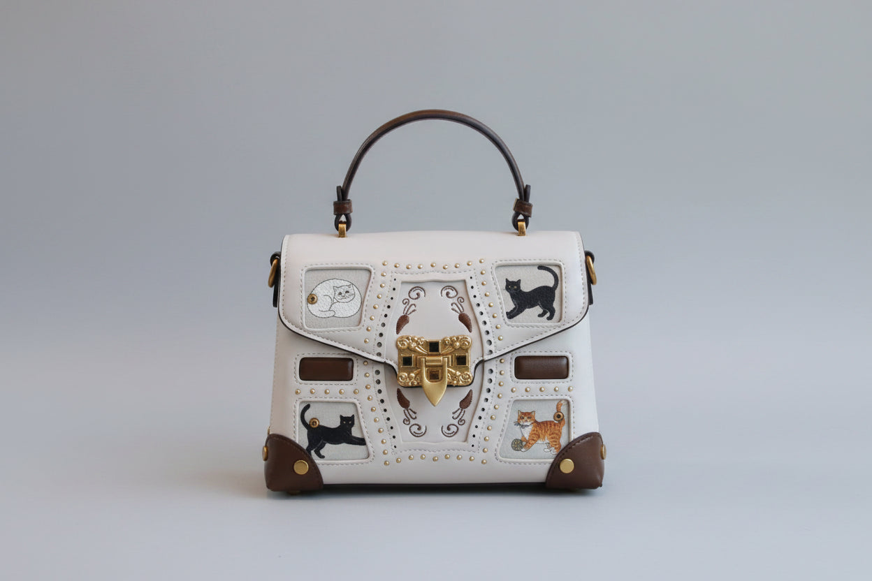 Retro Style Leather, Compact Bag with Cat Graphics