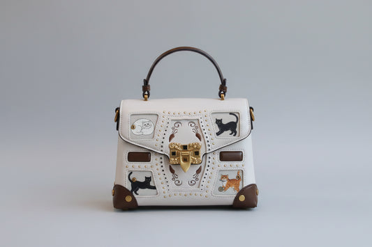 Retro Style Leather, Compact Bag with Cat Graphics