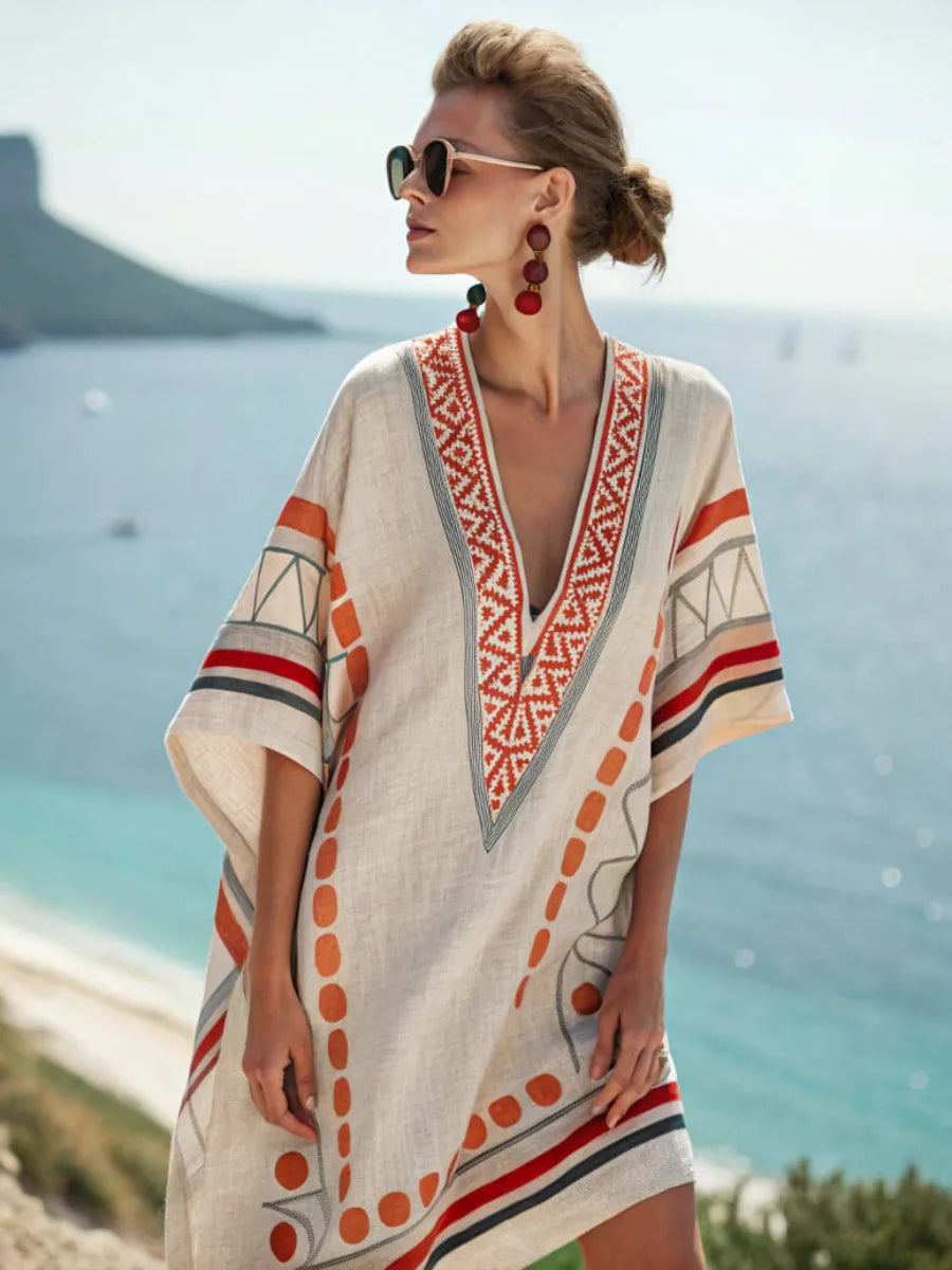 Casual Beach Dress — Aztec Accent, Loose Fit