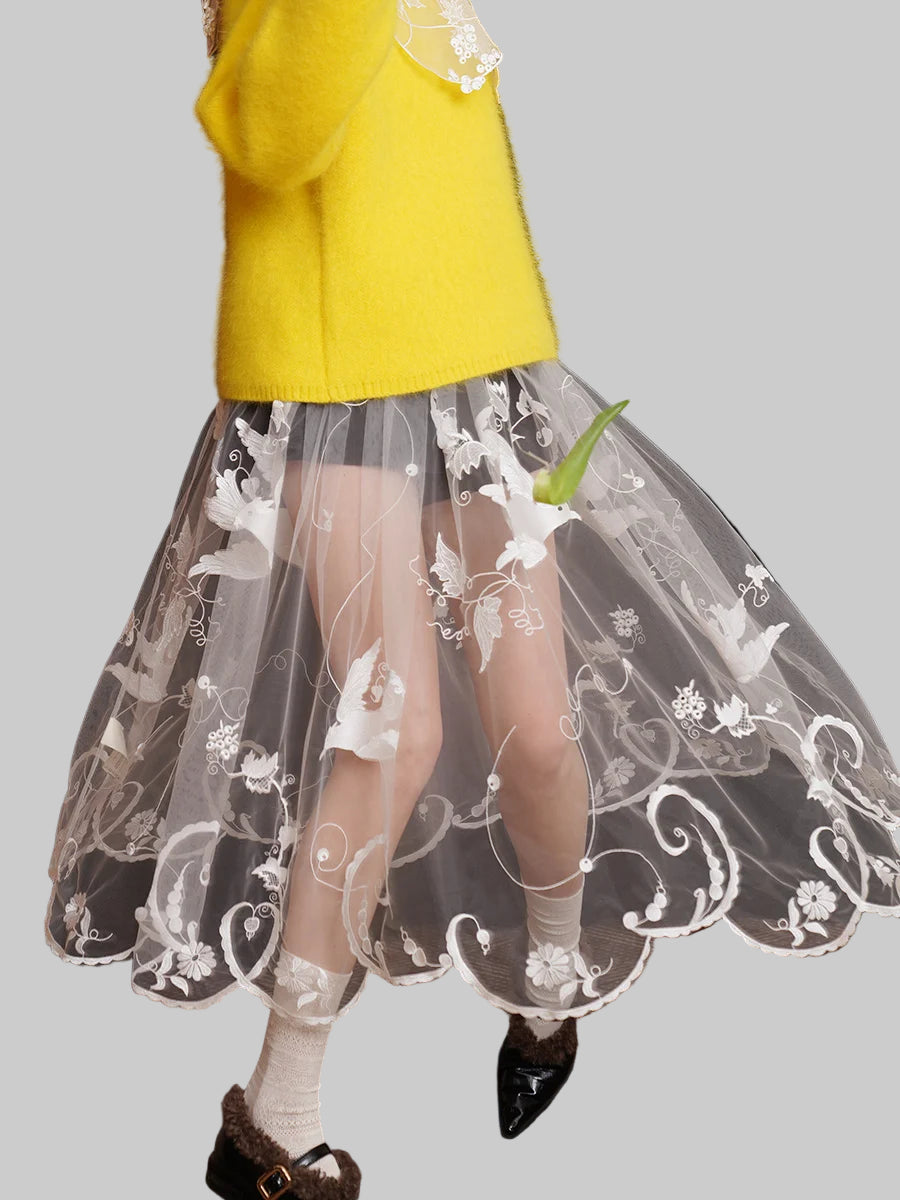 Chic, Timeless and Beautifully Made Chiffon and Lace Skirt.  Ankle length. Artistic Embroidery.