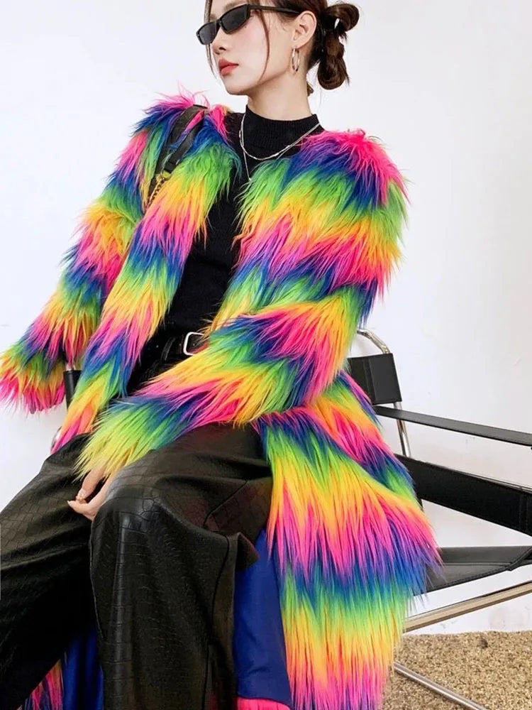 Rainbow Long Coat  Offbeat Style  Creating Warmth and Conversation