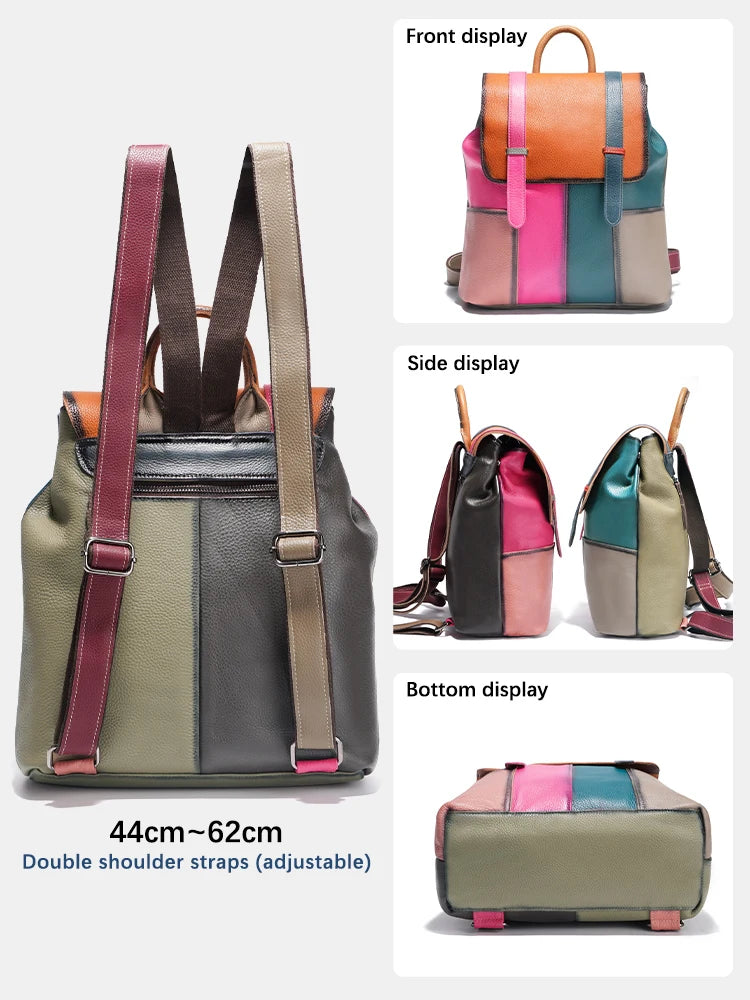 Multicolor Patchwork Leather Backpack. Wear Resistant.
