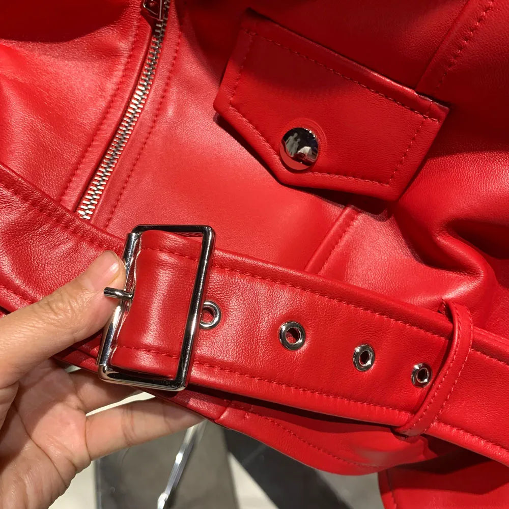 Rich Red Ruffle Leather Jacket with Unique Style and Sophistication