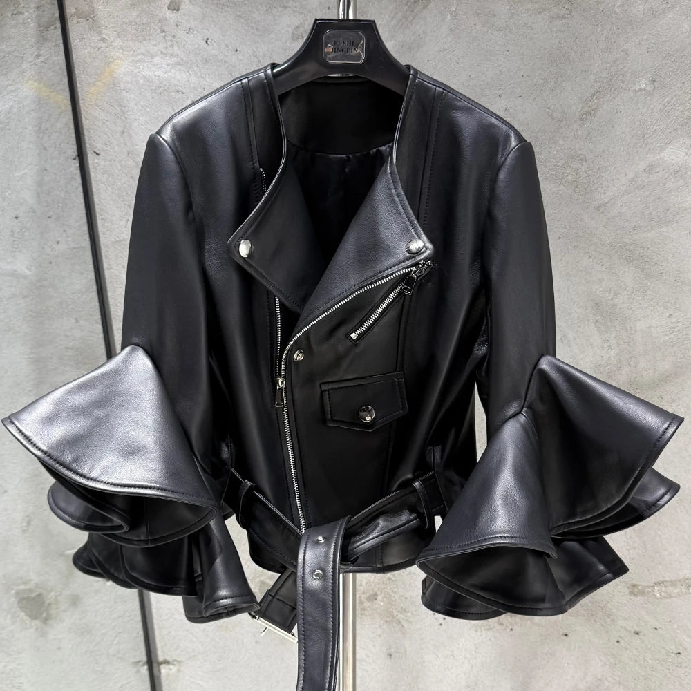 Rich Red Ruffle Leather Jacket with Unique Style and Sophistication
