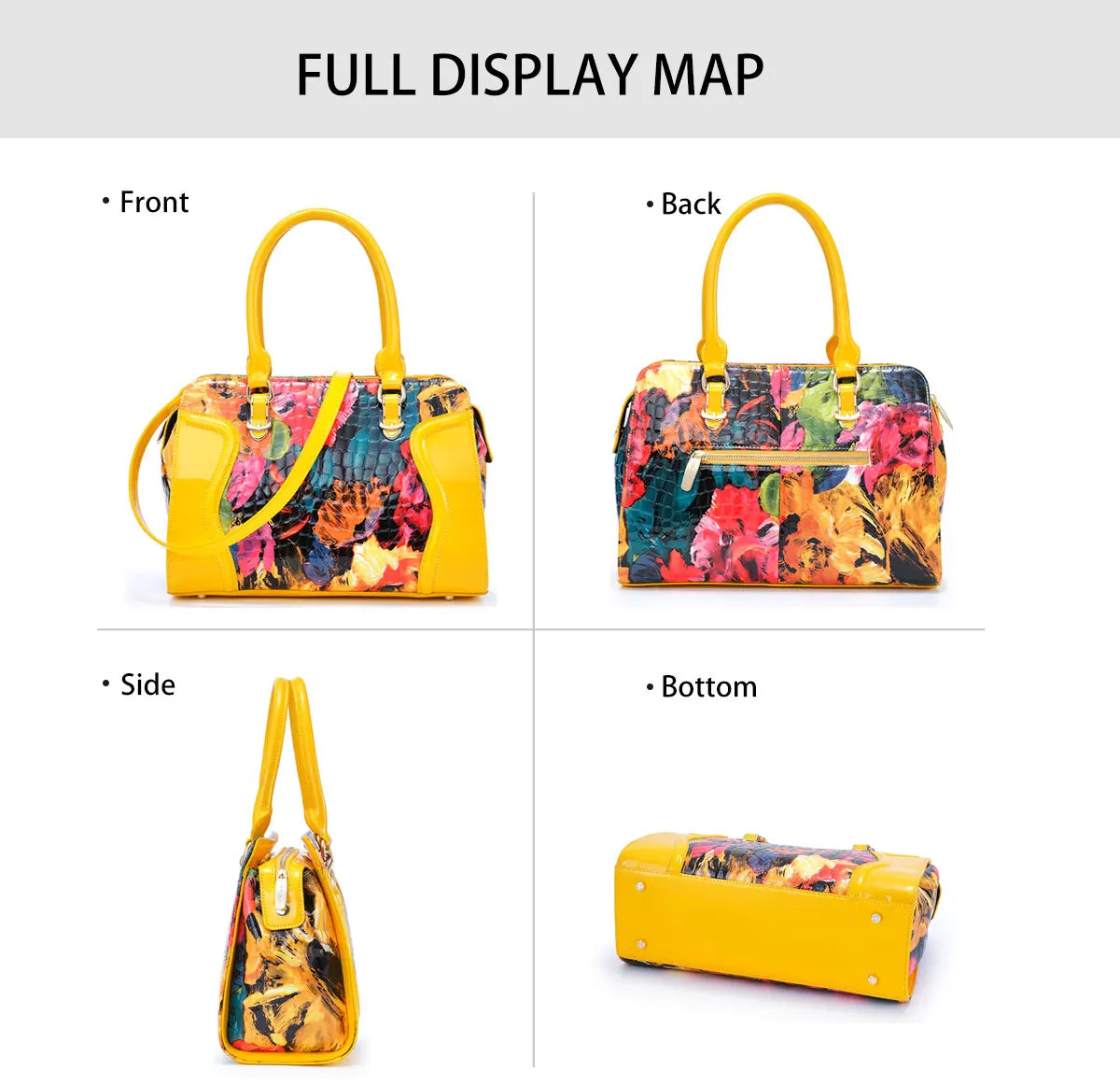 Yellow Designer Bag. Genuine Leather with Patent Leather and Motif.  Stylish and Sleek