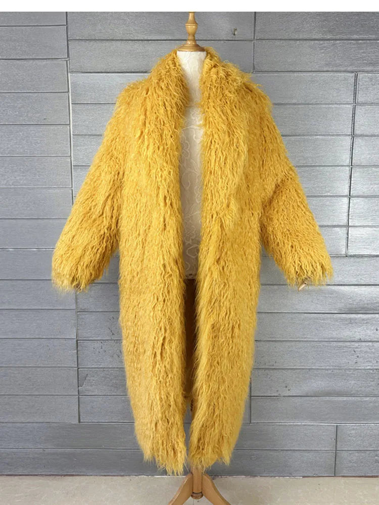 Long Faux Fur Dress Coat, Coat.  Wide Waisted in Vibrant Funky Colors