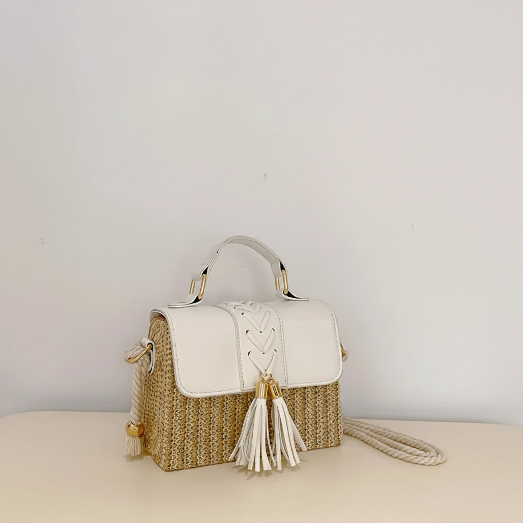 Chic Woven Straw Box Bag with Tassel Detail