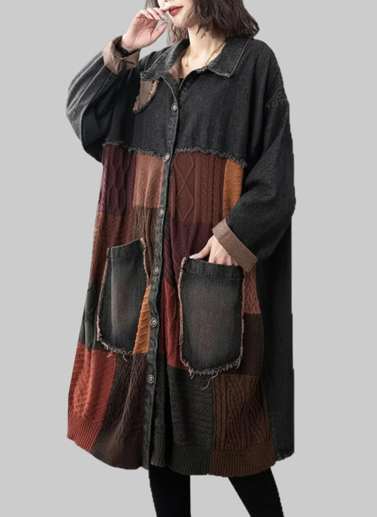 Vintage Lightweight Layer Coat.  Denim Patchwork with Classic Turn Down Collar