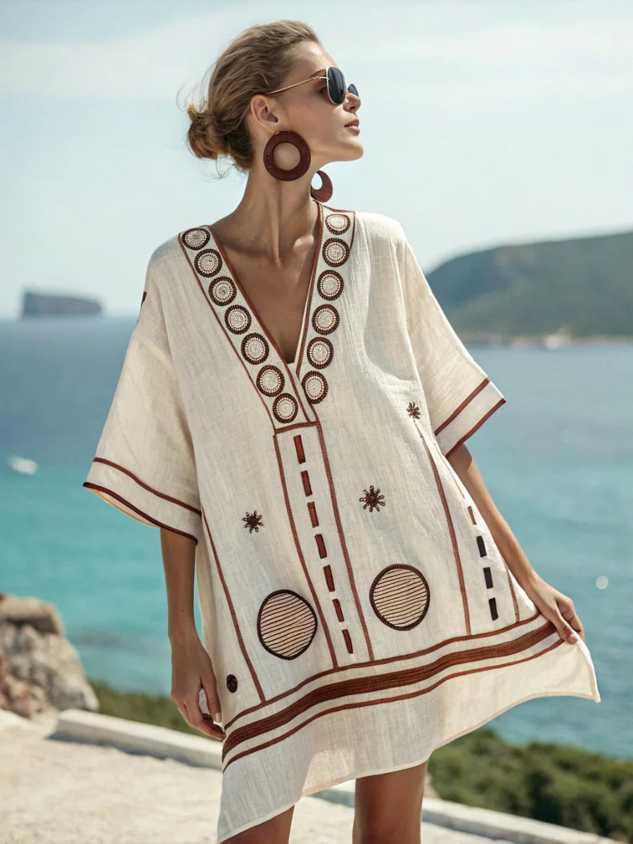 Casual Beach Dress — Aztec Accent, Loose Fit