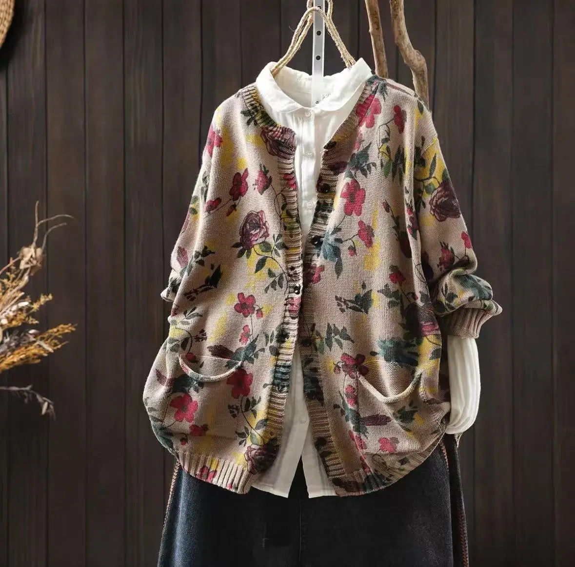 Knitted Floral Cardigan.  100% Cotton. Relaxed Fit. Perfect for layering.