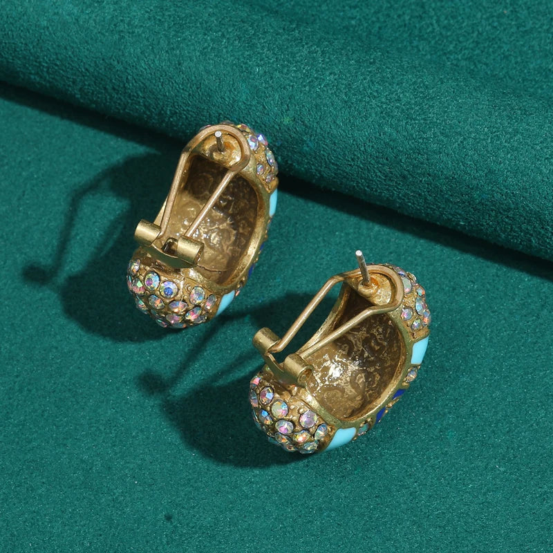 Blue & Gold Vintage Moon Stud Earrings