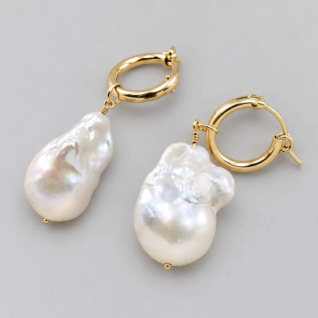 Baroque Pearl Earrings Set in 14k Gold Hoops