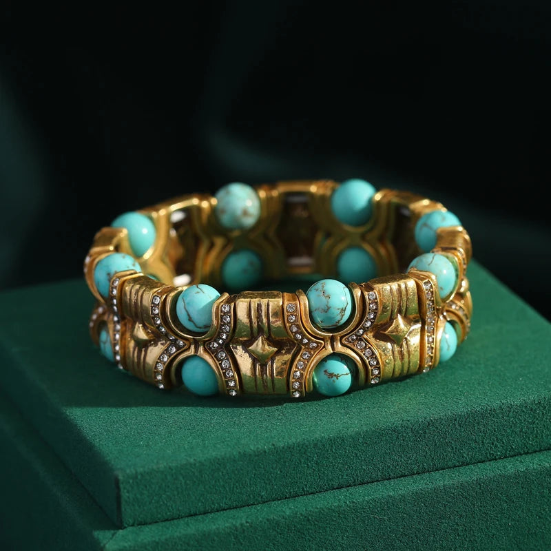 Vintage Natural Stone Bracelet with Rhinestone Inlay