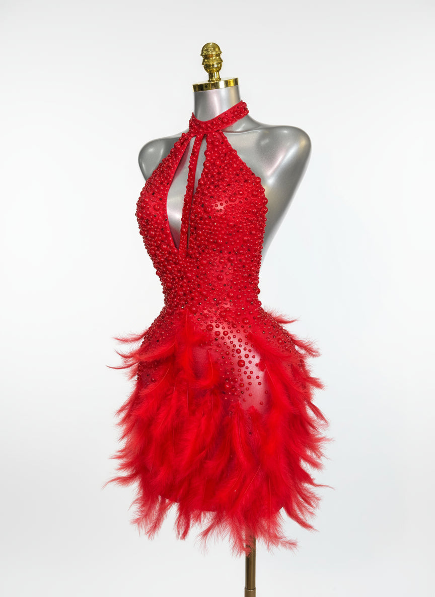 Backless Dance Dress Made with Feathers and Adorned with Crystal Diamonds